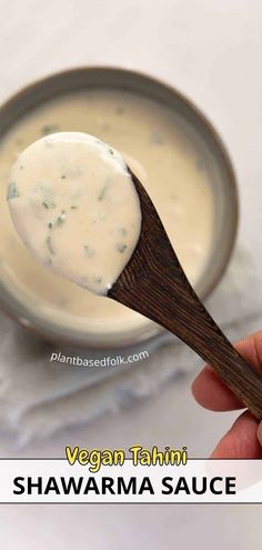 a hand holding a spoonful of vegan tahini shawarma sauce Shawarma Sauce Recipe, Vegan Shawarma, Shawarma Sauce, Falafel Recipe Easy, Lebanese Garlic Sauce, Shawarma Spices, Spices Recipes, Vegan Baking Recipes, Falafel Recipe