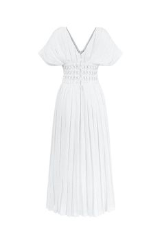 Eira Pleated V-Neck Linen Ankle Length Dress | MEAN BLVD Vacation V-neck Pleated Midi Dress, White Pleated V-neck Maxi Dress, Elegant Pleated V-neck Maxi Dress, Pleated V-neck Maxi Dress For Formal Events, Chic V-neck Maxi Dress With Pleated Waist, Long V-neck Dress For Summer Formal Events, Evening V-neck Pleated Dress, Elegant V-neck Maxi Dress With Pleated Waist, Formal V-neck Linen Dress