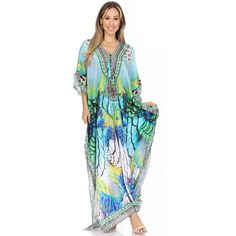 This caftan dress cover-up is made of lightweight material with no structure so that it drapes effortlessly and elegantly. It is very forgiving and loose-fitting for maximum comfort and best wear Elegant Multicolor Maxi Dress For Beach Season, Flowy Floor-length Beach Dress Cover-up, Flowy V-neck Tropical Kaftan, Printed Maxi Length Kaftan For Beach Party, Flowy Long Printed Beach Dress, Bohemian Printed Beach Dress For Pool, Bohemian V-neck Kaftan For Pool, Tropical Style Flowy V-neck Kaftan, Elegant Free Size Kaftan For Beach