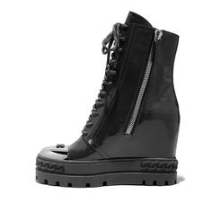 Heel Type: Height IncreasingBoot Type: Modern BootsShaft Material: Patent LeatherUpper Material: Patent LeatherBoot Height: ANKLEToe Shape: Round ToeItem Type: BootsHeel Height: Super High (8cm-up)With Platforms: YesPlatform Height: 3-5cmClosure Type: Buckle StrapFit: Fits true to size, take your normal size Edgy High-top Boots With Vibram Sole, Edgy High-top Boots With Rubber Sole, Lace-up Leather Wedge Boots For Streetwear, Leather Lace-up Wedge Boots For Streetwear, Edgy Leather High-top Wedge Boots, Edgy High Ankle Patent Leather Boots, Edgy Patent Leather High Ankle Boots, Pointed Toe Boots With Lug Sole For Streetwear, High Ankle Patent Leather Boots With Lug Sole