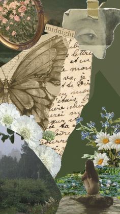 a collage of images with flowers, butterflies, and writing on it's sides