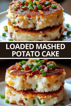 loaded mashed potato cake on a white plate