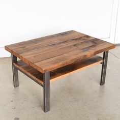 Industrial Coffee Table With High Shelf Pictured in Reclaimed Oak /Clear & Antiqued Metal