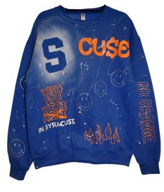 Syracuse University Sweatshirt College Merch Aesthetic, Varsity Screen Print Tops For Streetwear, College Crew Sweater With Logo Print, Collegiate Logo Print Sweatshirt For Streetwear, Blue Urban Sweatshirt For Streetwear, Blue Sweats For Streetwear In Fall, Blue Sweats For Fall Streetwear, Trendy Crew Neck Sweatshirt For Streetwear, Trendy Blue Sweats For Streetwear