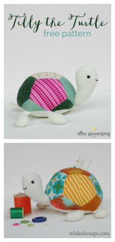 two different pictures of stuffed animals with text overlay that says, fully the turtle free pattern