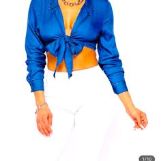 Denim Crop Top, W/ Deep V-Neckline. Long Sleeve 100% Locell. Fitted Medium Wash Denim V-neck Top, Trendy Denim V-neck Top, Chic Spring Denim V-neck Top, Chic V-neck Denim Top For Spring, Trendy V-neck Denim Top For Summer, Chic Dark Wash Denim Top For Night Out, Trendy Denim Blue V-neck Top, Chic Denim Blue Top For Day Out, Spring Denim Blue Top For Night Out