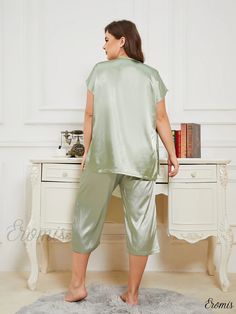 Eromis - Premium Plus Size Luxury Pajama Sets - Womens Short Sleeve Wrap Neck Top & Pants with Sleek Stretch - Two-Piece Pajama Set Solid Color Home Sets, Sleeveless Green Sleep Sets, Green Sleeveless Sleep Sets, Green Sleepwear Sets With Long Pants, Luxury Pajamas, Womens Pyjama Sets, Neck Wrap, Pajama Sets, Pajama Set