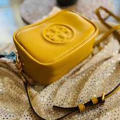 Perfect Crossbody With Gold Hardware, Two Zippered Openings, An Inside And Back Pocketincludes Dust Bag Luxury Yellow Crossbody Bag, Yellow Gold Rectangular Travel Bag, Luxury Yellow Crossbody Shoulder Bag, Designer Yellow Bag With Adjustable Strap, Mustard Travel Bag With Gold-tone Hardware, Yellow Shoulder Bag With Gold-tone Hardware For Travel, Tory Burch Perry Bombe Mini Bag, Sunset Color, Golden Sunset