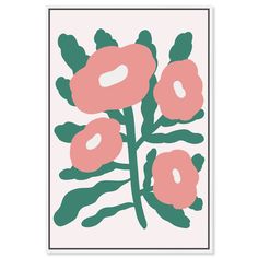 a pink flower with green leaves on a white background is featured in the image below