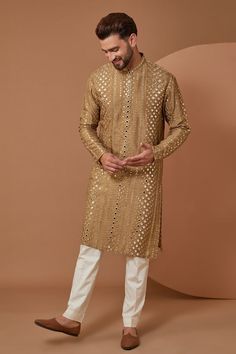 Copper silk kurta with thread and mirror embroidery. Comes with pant. - Aza Fashions Mirrorwork Embroidery, Collar Kurta, Kurta For Men, Beige Silk, Silk Kurta, Mirror Work, Fabric Silk, Pants Pattern, Pant Set