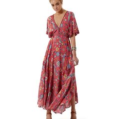 Boho Retro Floral Fit Flare V Neck Empire Waistline Maxi Dress Long Floral Gown, Hippie Maxi Dress, Printed Beach Dresses, Hippie Stil, Bohemian Mode, Mode Boho, Floral Gown, Bohemian Maxi Dress, Printed Long Dresses