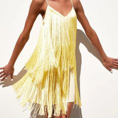 Never Worn, Nwt. Such A Fun Dress And Color. It’s Lined Summer V-neck Dress With Fringe, Chic Yellow Dress For Party Season, Spring Party Dress With Fringe, Summer Cocktail Dress With Fringe, Spring Evening Sundress Mini Dress, Spring Sundress For Evening Occasions, Chic Fringe Mini Dresses, Glamorous Summer Midi Mini Dress, Summer V-neck Mini Dress With Fringe