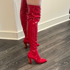 Beautiful Roberto Cavalli Red Patent Leather Over The Knee Boots. Size 39 / 8.5. Never Worn, Nwt. Originally $940, I Bought For $400. Bold Fitted Heeled Boots For Fall, Red Patent Leather Heels For Fall, Bold Pointed Toe Fitted Boots, Chic Heeled Boots With Red Sole For Winter, Fitted Red Boots With Pointed Toe, Chic Winter Heeled Boots With Red Sole, Elegant Red Heeled Boots For Fall, Chic Heeled Boots With Red Sole, Fitted Boots With Red Sole For Night Out