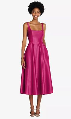 Square Neck Full Skirt Satin Midi Bridesmaid Dress With Pockets In Tutti Frutti | The Dessy Group Satin Midi Bridesmaid Dress, Midi Bridesmaid Dress, Skirt Satin, Midi Dress With Pockets, Infinity Dress, Dress Order, Full Circle Skirts, Dreamy Dress, Satin Midi Dress