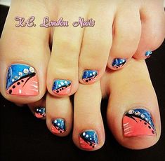 Two Tone Nail Designs, Nail Designs With Gems, Summer Pedicures, Blue Toe Nails, Coral And Blue