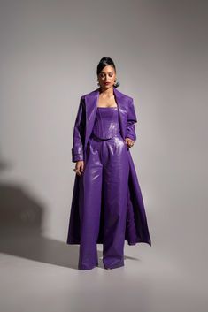 ONO Faux Leather Trench jacket in Purple Purple Leather Dress, Monochrome Purple Outfit, Red And Purple Outfit Ideas, Luxury Long Sleeve Purple Outerwear, Luxury Fitted Purple Outerwear, Purple Outerwear For Evening In Fall, Chic Purple Party Outerwear, Purple Outerwear For Spring Night Out, Purple Leather Outfit