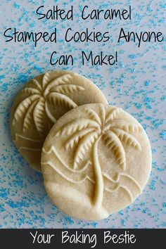 salted caramel stamped cookie recipe Your Baking Bestie, Cookie Stamp Recipe, Stamp Cookies Recipe, Molded Cookie Recipe, Salted Caramel Recipe, Stamped Cookies, Drop Cookie Recipes, Caramel Recipe, Cut Out Cookie Recipe