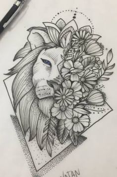 a drawing of a lion with flowers in its mouth