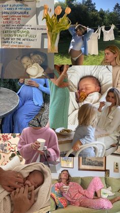 a collage of photos with people and babys in the middle one is holding a coffee cup