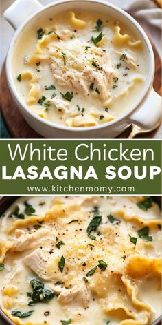 white chicken lasagna soup with spinach and cheese