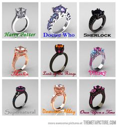 Geek engagement rings…or pretty pretty pincess jewlery for big girls. i will invent this game and i will be Doctor who blue everytime Geek Engagement Rings, Styling Jewelry, Fandom Jewelry, Jewelry Styling, Accessory Jewelry, Pretty Jewelry, Geek Out