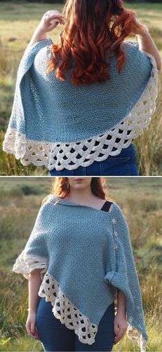 two pictures of a woman with red hair wearing a blue ponchy and white crochet shawl