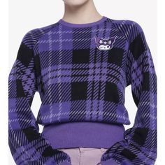 Nwt Sanrio Kuromi Purple Plaid Knit Sweater Trendy Purple Knit Tops, Purple Long Sleeve Sweater, Trendy Purple Crew Neck Sweater, Purple Knit Long Sleeve Top, Purple Knit Crew Neck Top, Purple Long Sleeve Knit Top, Purple Knitted Long Sleeve Top, Purple Crew Neck Knit Sweater, Trendy Purple Knitted Sweater