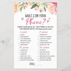 what's on your phone? game card with flowers and hearts in pink, yellow and green