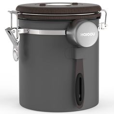 a black and gray trash can with the lid open