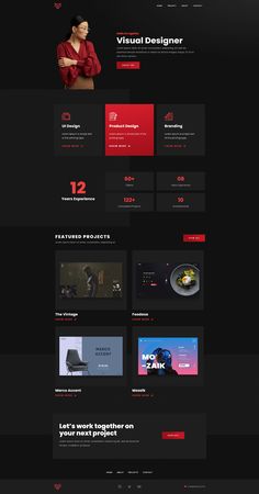 the website design for visual designer is shown in black and red colors, with an image of