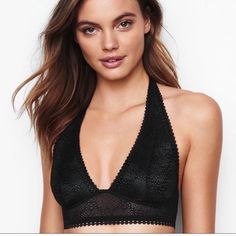 Sexy Cute Vs Black Bralette New Without Tags Elegant Bra-friendly Halter Neck Intimate, Backless Night-out Bra With Built-in Support, Low-cut Bra For Night Out, Victoria's Secret Low-cut Bra For Night Out, Victoria's Secret Triangle Top With Built-in Bra, Halter Bralette, Black Bralette, Women's Intimates, Victoria’s Secret