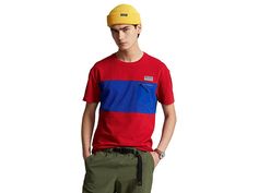 Polo Ralph Lauren Classic Fit Mesh Utility T-Shirt - Men's Clothing : Red Multi : Stay fashionable wearing the Polo Ralph Lauren Classic Fit Mesh Utility T-Shirt. Crew neckline and short sleeves. Contrast-colored detailing on the front and the back. Straight hemline. Intended to hit at the waist. Shell:100% cotton, Pocket: 100% nylon. Machine washable. Imported. Red Cotton T-shirt With Contrast Color, Casual Cotton Tops With Contrast Color, Short Sleeve Cotton Color Block Shirt, Short Sleeve Color Block Cotton Shirt, Casual Tops With Contrast Color For Summer, Casual Tops With Contrast Color And Crew Neck, Casual Crew Neck Top With Contrast Color, Casual Color Block Short Sleeve T-shirt, Red Contrast Color Top For Streetwear