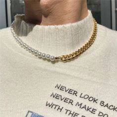 Men's Gold Pearl Cuban Link Chain Necklace Punk Rock Jewelry Stainless Steel 18" | eBay Chain And Pearl Necklace, Mens Choker Necklace, Men Choker, Mode Hip Hop, Moda Hip Hop, Gold And Silver Bracelets, Cuban Link Chain Necklaces, Simple Bracelets, Link Chain Necklace