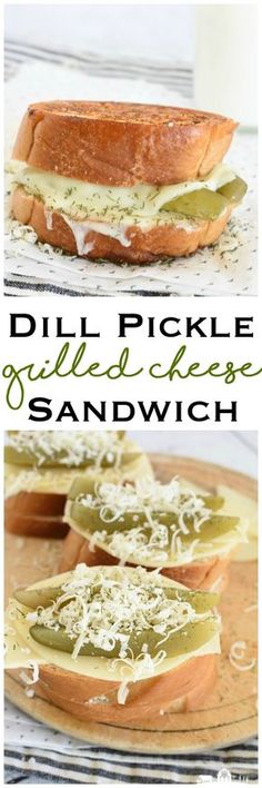 two pictures of sandwiches with cheese and pickles on them