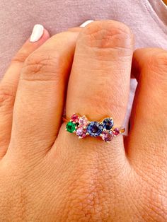 Sapphire Cluster Ring, Rainbow Ring, Ring Cluster, Dainty Band, Rainbow Sapphires, Rainbow Rings, Peridot Gemstone, Beautiful Rainbow, Natural Sapphire