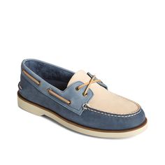 Sperry-Authentic Original 2-Eye Double Sole Boat Shoe Become the fashionista everyone looks upto this spring with the Sperry Authentic Original 2-Eye Double Sole boat shoe. Crafted with leather upper in a colorblocked design, this pair has a non-marking rubber outsole with razor-cut Wave-Siping technology to provide enhanced traction on wet or dry surfaces. Summer Low-top Leather Boat Shoes, Summer Low-top Boat Shoes With Rubber Sole, Casual Summer Boat Shoes With Leather Sole, Blue Boat Shoes With Rubber Sole For Spring, Blue Slip-on Boat Shoes For Spring, Summer Lace-up Boat Shoes With Rubber Sole, Casual Blue Slip-on Boat Shoes, Casual Boat Shoes With Removable Insole, Casual Low-top Boat Shoes With Contrast Sole