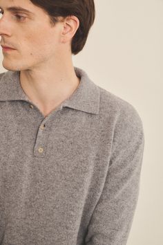 100% cashmere polo-neck sweater, unisex, made in Italy. Winter Cashmere Collared Top, Classic Gray Sweater With Ribbed Collar, Classic Gray Polo Sweater For Winter, Classic Gray Winter Polo Sweater, Classic Cashmere Polo Sweater, Classic Cashmere Polo Sweater For Winter, Cozy Wool Polo Sweater With Ribbed Collar, Classic Winter Cashmere Polo Sweater, Winter Cashmere Polo Sweater With Seamless Collar