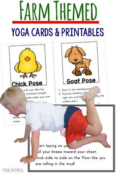 a child doing yoga poses with the words farm themed on it and an image of a chicken