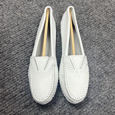 Brand New, Women’s Size 8.5, All White Interior And Exterior, Foam Soles, Stitched Leather With Design On Toe White Slip-on Moccasins With Round Toe, White Leather Slip-ons With Flat Bottom, White Slip-on Closed Toe Moccasins, White Leather Casual Moccasins, White Slip-on Moccasins With Rubber Sole, White Moccasins With Textured Sole, White Moccasins With Rubber Sole For Spring, White Casual Flat Heel Moccasins, Casual White Slip-on Moccasins