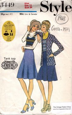 ~ Circa/Date: 1971 ~ Details: Cardigan, Skirt and Tank Top - in Stretch Knits ~ Size/Measurements (Inches): ~ Size: 12 ~ BUST: 34″ ~ Waist: 25 1/2″ ~ Hip: 36″ ~ Please Note: ~ You are buying a 'Professional Reproduced' copy of this sewing pattern. Copied from the original sewing pattern. Produced in Full Scale Pattern Pieces ready to cut with full instructions included. Reproduced on high quality 50 gm paper with black ink, durable and easier for reuse. Printed by a Professional Printing Company.   ~ With this product comes an accompanying 'Booklet' and inside the Booklet it includes: ~ A 2-page Instructions and Illustrations on 'How to Adjust Your pattern to your Personal Measurement.' ~ Personal Measurement Chart ~ Body Form Illustrations ~ Fitting Checklist ~ Metric Equivalency Chart ~ Cardigan Skirt, Bias Skirt, Vintage Vogue Sewing Patterns, Sew In Weave, Fashion Illustration Vintage, Scale Pattern, Vogue Sewing, Vogue Sewing Patterns, Couture Vintage