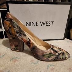 Nine West Velvet Print Heels Spring Brown Court Shoes With Block Heel, Spring Brown Block Heel Court Shoes, Summer Beige Court Shoes Medium Width, Beige Court Shoes For Summer, Beige Medium Width Court Shoes For Summer, Beige Court Shoes With 4-inch Heel For Summer, Spring Brown Court Shoes Medium Width, Spring Brown Court Shoes With Stacked Heel, Brown Court Shoes With Stacked Heel For Spring