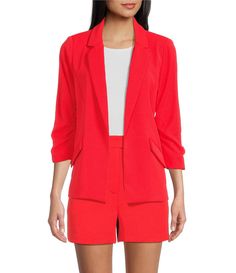 Spring Career Blazer In Solid Color, Spring 3/4 Sleeve Blazer With Pockets, Spring Blazer With 3/4 Sleeves And Pockets, Spring 3/4 Sleeve Business Casual Blazer, 3/4 Sleeve Blazer For Office In Spring, Spring Formal Blazer With 3/4 Sleeves, Spring Business Casual Red Blazer, 3/4 Sleeve Blazer For Work In Fall, 3/4 Sleeve Blazer For Fall Workwear