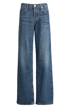 Cut like trousers but with a relaxed vibe, these jeans feature a high waist, full-length wide legs and nonstretch denim partially made from sustainably sourced fibers. 33" inseam; 20 1/2" leg opening; 11 1/4" front rise Button fly Front scoop pockets; back patch pockets 70% lyocell, 30% recycled cotton Machine wash, tumble dry Made in Turkey