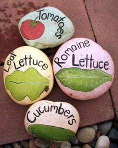 three painted rocks that say lettuce, tomato and lettuce