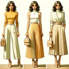 three different views of a woman in white and yellow outfits with purses on her shoulder