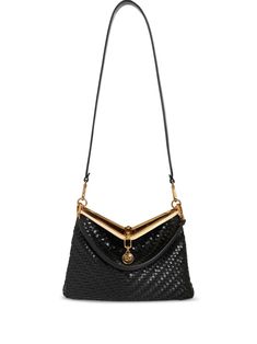 black leather interwoven design clasp fastening gold-tone hardware signature Pegaso motif single detachable top handle adjustable detachable shoulder strap main compartment removable pouch suede lining Evening Shoulder Bag With Double Handle In Woven Leather, Evening Shoulder Bag With Double Handle And Woven Leather, Evening Double Handle Woven Leather Shoulder Bag, Evening Satchel Bag With Intrecciato Weave, Chic Woven Leather Evening Shoulder Bag, Evening Bag With Intrecciato Weave And Double Handle, Evening Bags With Intrecciato Weave And Double Handle, Evening Bags With Woven Leather And Double Handles, Designer Woven Leather Shoulder Bag For Evening