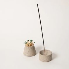 two concrete cups with sticks sticking out of them, one is empty and the other has small plants in it