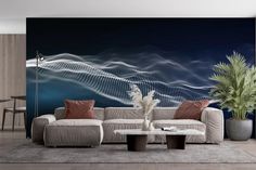 a modern living room with an artistic wall mural