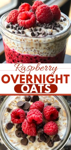 raspberry overnight oats with chocolate chips and fresh raspberries on top