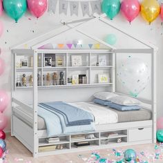 a bedroom with balloons and confetti on the walls, including a doll house bed